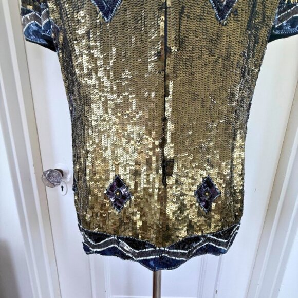 FRENCH CONNECTION Carnival Sequin Black Gold Short Sleeve Top Size 10 - Picture 9 of 16
